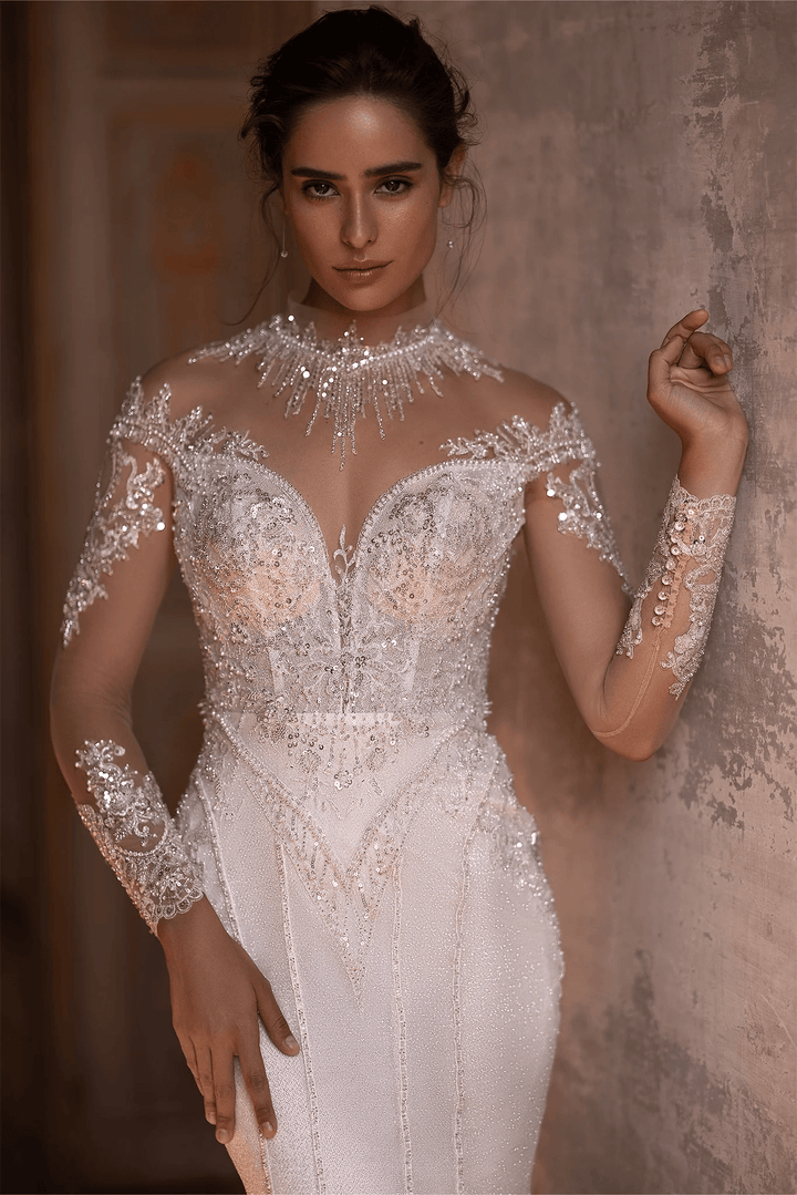 Ivory Sparkly Ball Gown Wedding Dress with Long Sleeves and Convertible Train - Embellished Mermaid Gown with Motif Details Plus Size - WonderlandByLilian