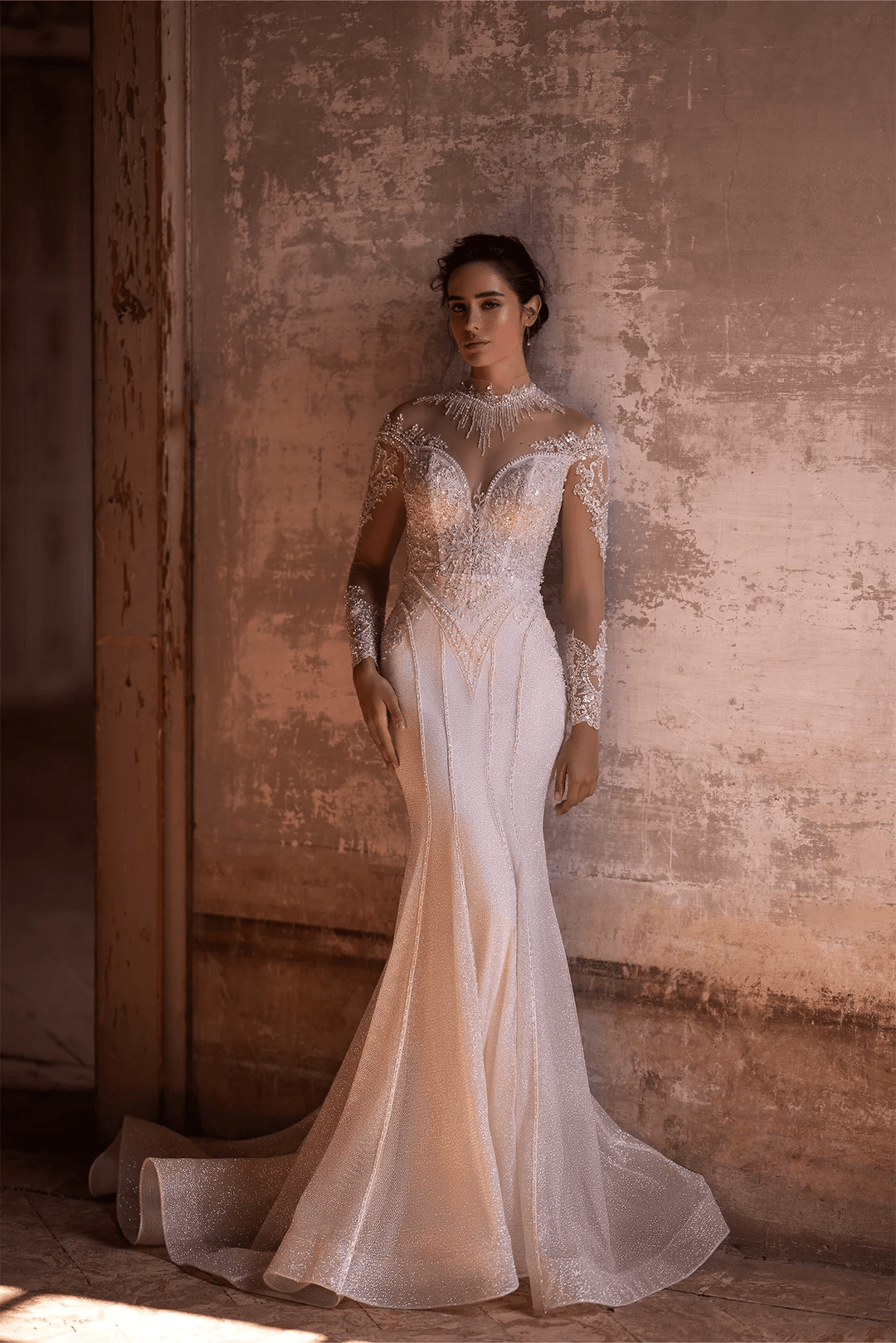 Ivory Sparkly Ball Gown Wedding Dress with Long Sleeves and Convertible Train - Embellished Mermaid Gown with Motif Details Plus Size - WonderlandByLilian