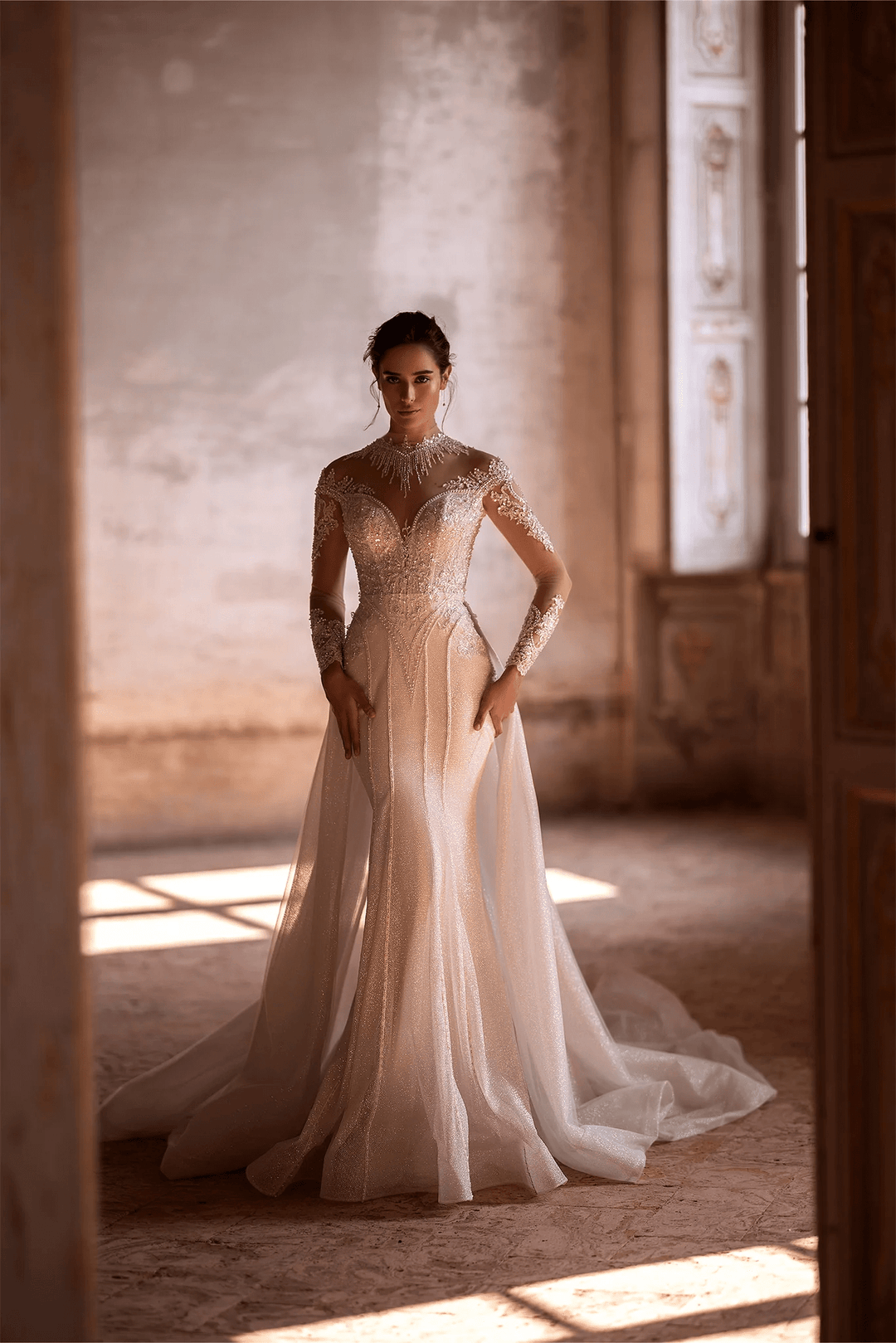 Ivory Sparkly Ball Gown Wedding Dress with Long Sleeves and Convertible Train - Embellished Mermaid Gown with Motif Details Plus Size - WonderlandByLilian
