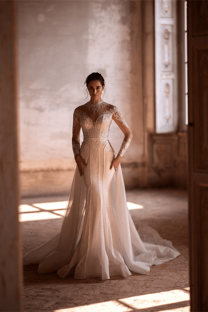 Ivory Sparkly Ball Gown Wedding Dress with Long Sleeves and Convertible Train - Embellished Mermaid Gown with Motif Details Plus Size - WonderlandByLilian