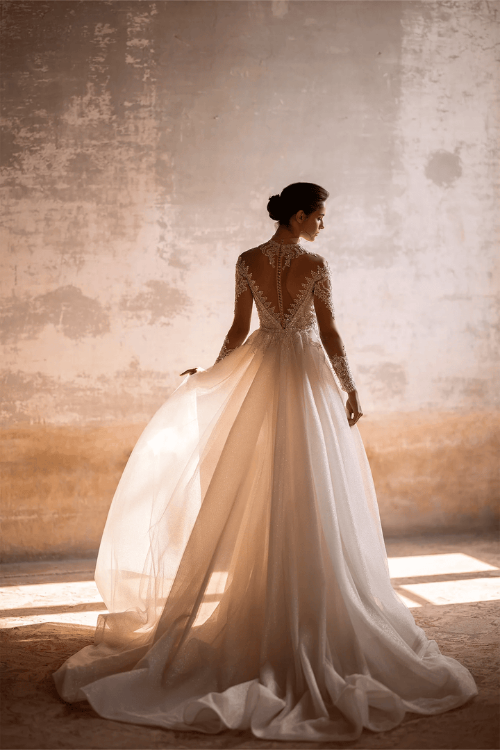 Ivory Sparkly Ball Gown Wedding Dress with Long Sleeves and Convertible Train - Embellished Mermaid Gown with Motif Details Plus Size - WonderlandByLilian