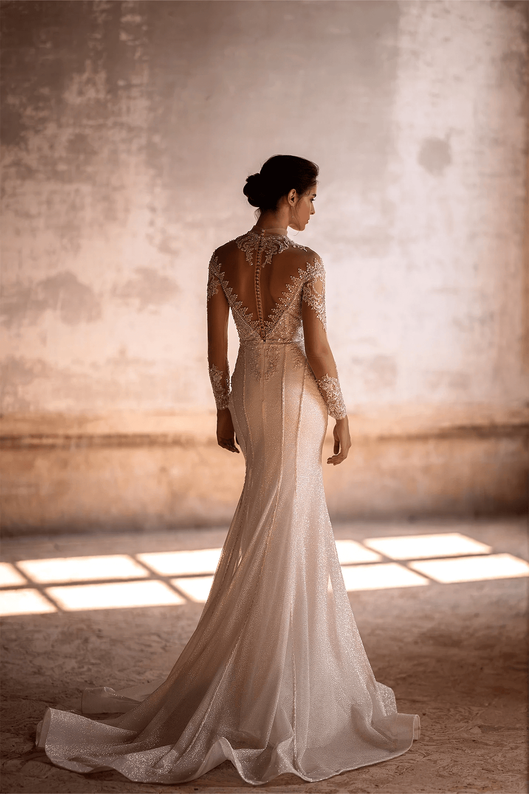 Ivory Sparkly Ball Gown Wedding Dress with Long Sleeves and Convertible Train - Embellished Mermaid Gown with Motif Details Plus Size - WonderlandByLilian