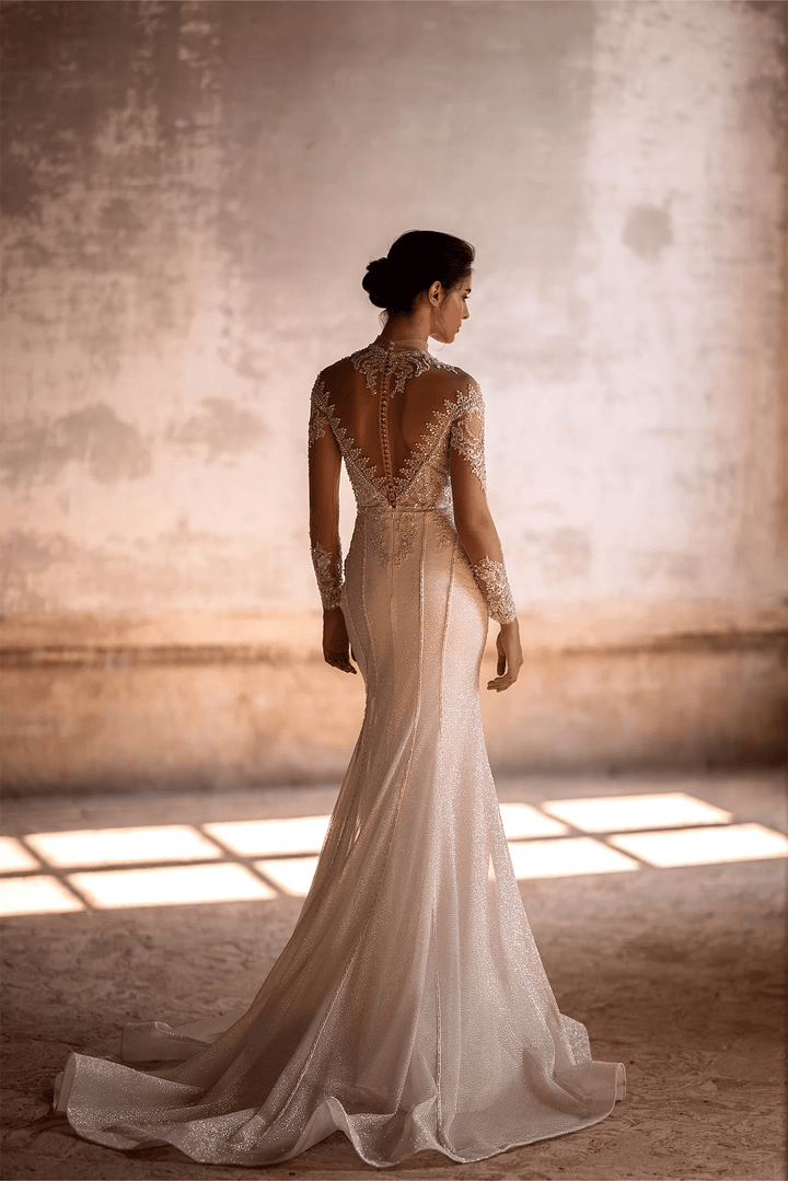 Ivory Sparkly Ball Gown Wedding Dress with Long Sleeves and Convertible Train - Embellished Mermaid Gown with Motif Details Plus Size - WonderlandByLilian