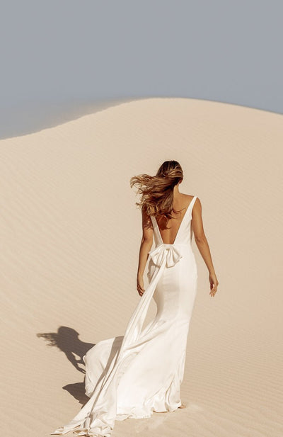 Ivory Square Neckline Wedding Dress with Low-Back and Detachable Bow Plus Size - LEXI - WonderlandByLilian