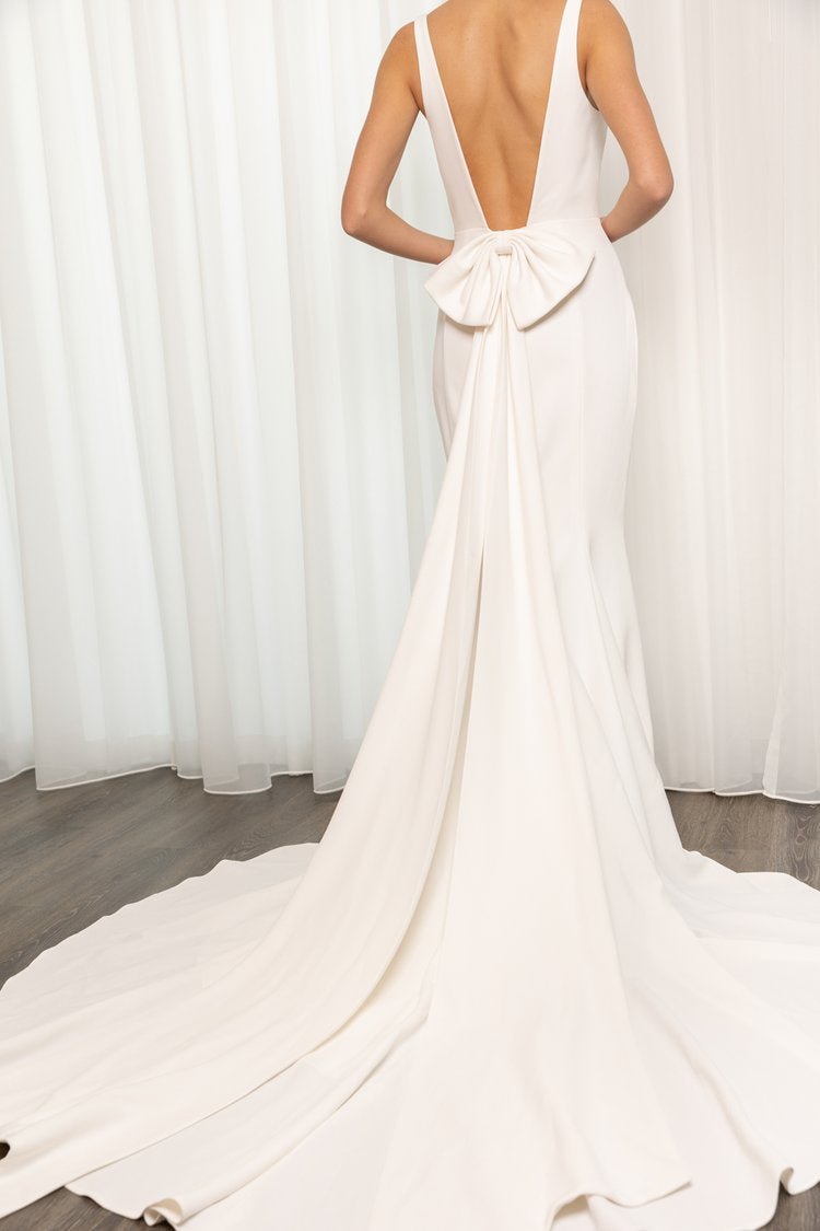 Ivory Square Neckline Wedding Dress with Low-Back and Detachable Bow Plus Size - LEXI - WonderlandByLilian