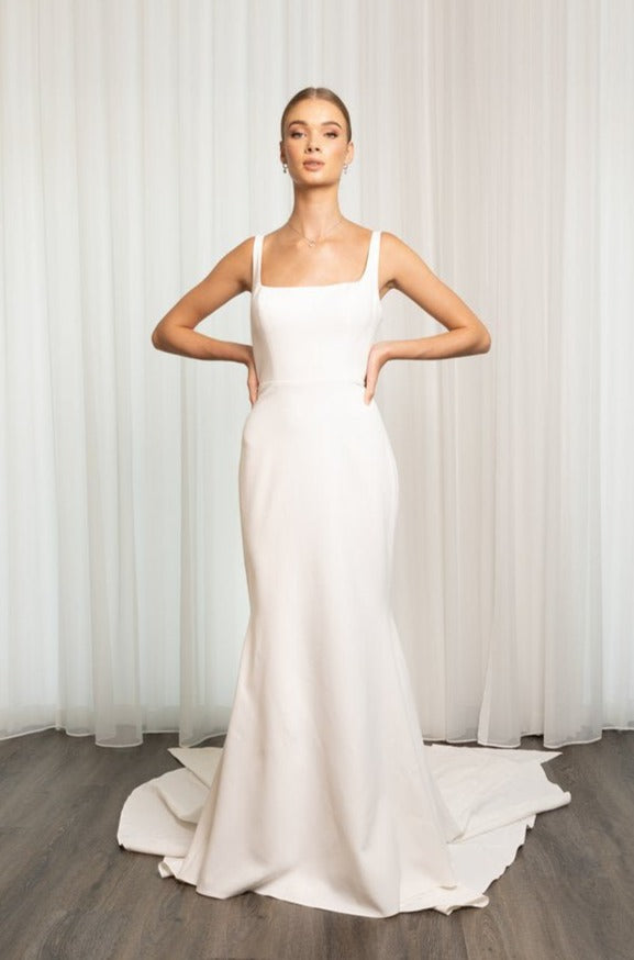 Ivory Square Neckline Wedding Dress with Low-Back and Detachable Bow Plus Size - LEXI - WonderlandByLilian