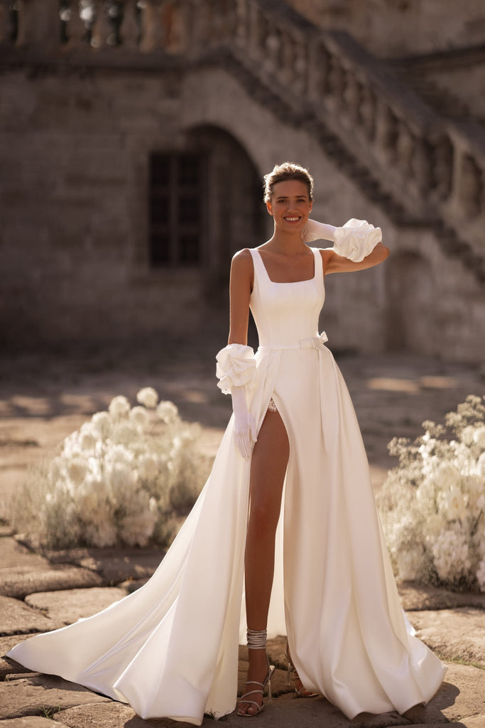 Ivory Square Neckline Wedding Gown with High Slit and Gloves