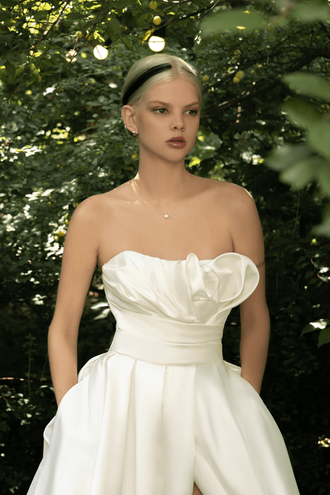 Ivory Strapless Wedding Dress with Designer Draping Corset – Simple Wedding Dress with Luxurious Train and Slit Plus Size - Melody - WonderlandByLilian