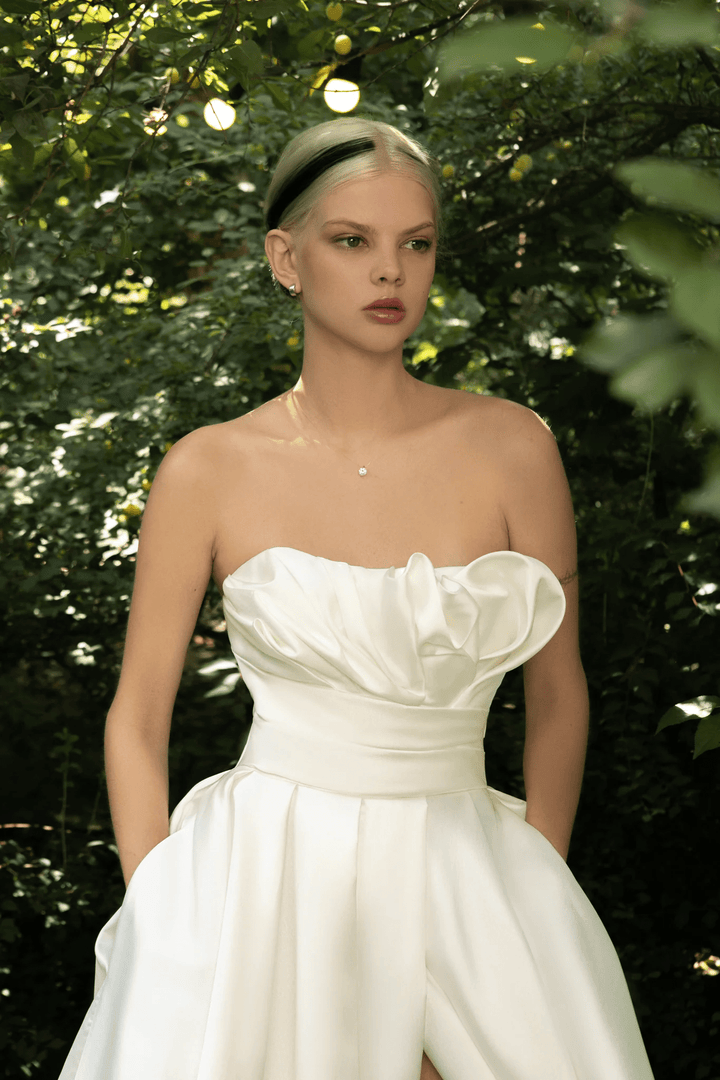 Ivory Strapless Wedding Dress with Designer Draping Corset – Simple Wedding Dress with Luxurious Train and Slit Plus Size - Melody - WonderlandByLilian