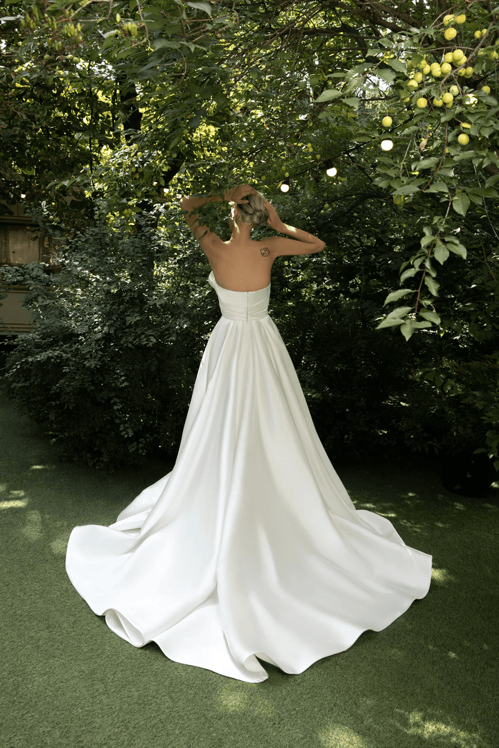 Ivory Strapless Wedding Dress with Designer Draping Corset – Simple Wedding Dress with Luxurious Train and Slit Plus Size - Melody - WonderlandByLilian