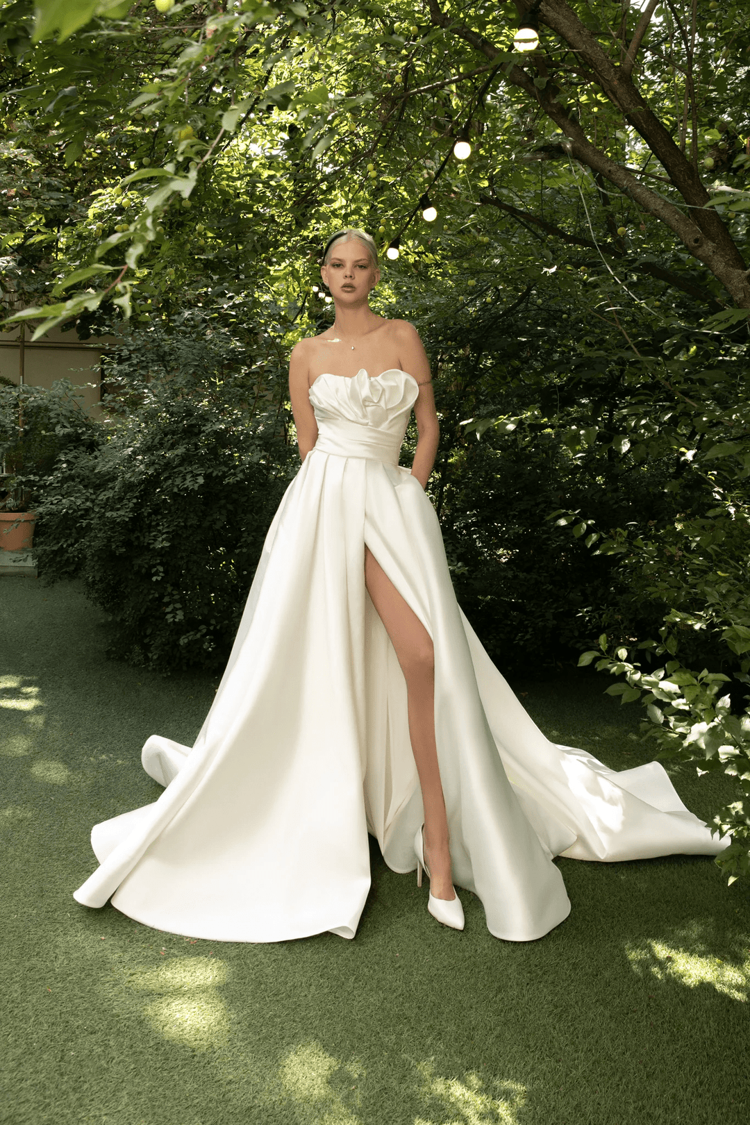 Ivory Strapless Wedding Dress with Designer Draping Corset – Simple Wedding Dress with Luxurious Train and Slit Plus Size - Melody - WonderlandByLilian