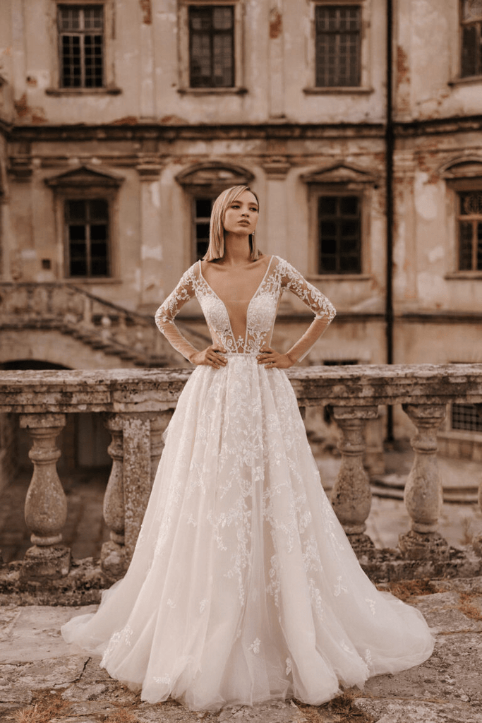 Ivory Tulle A-line Wedding Dress - Open Back Floral Lace Wedding Dress - Long Sleeve Wedding Gown Plus Size - MONACO Size 12 Ivory Tulle A-line Wedding Dress - Open Back Floral Lace Wedding Dress - Long Sleeve Wedding Gown Plus Size - MONACO Size 12