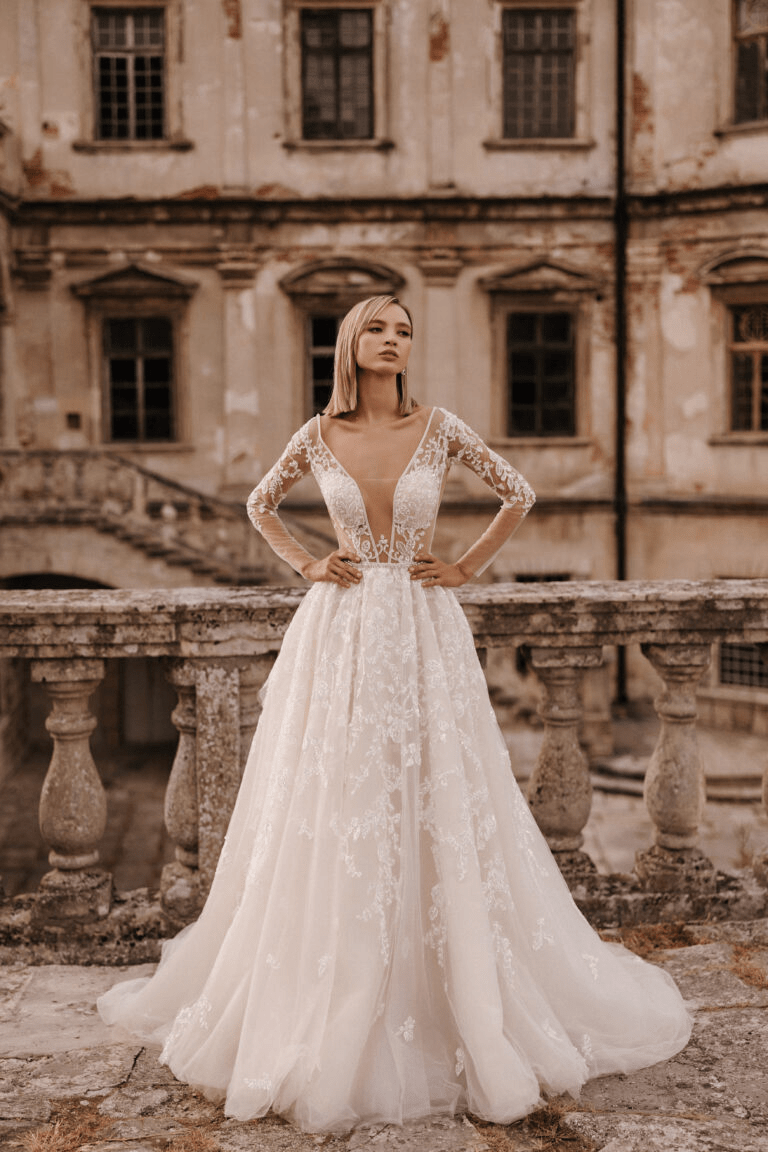 Ivory Tulle A - line Wedding Dress - Open Back Floral Lace Wedding Dress - Long Sleeve Wedding Gown Plus Size - AMELIA - WonderlandByLilian