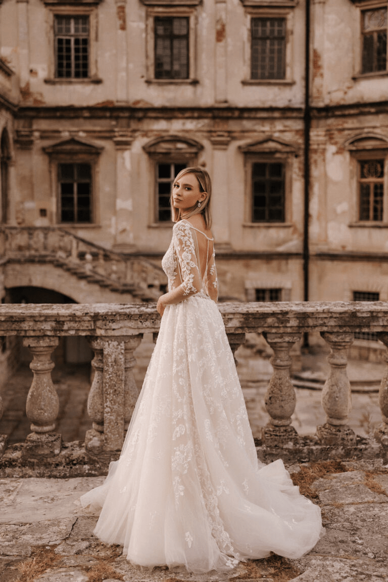 Ivory Tulle A-line Wedding Dress Open Back Floral Lace Wedding Dress Long Sleeve Wedding Gown Plus Size MONACO