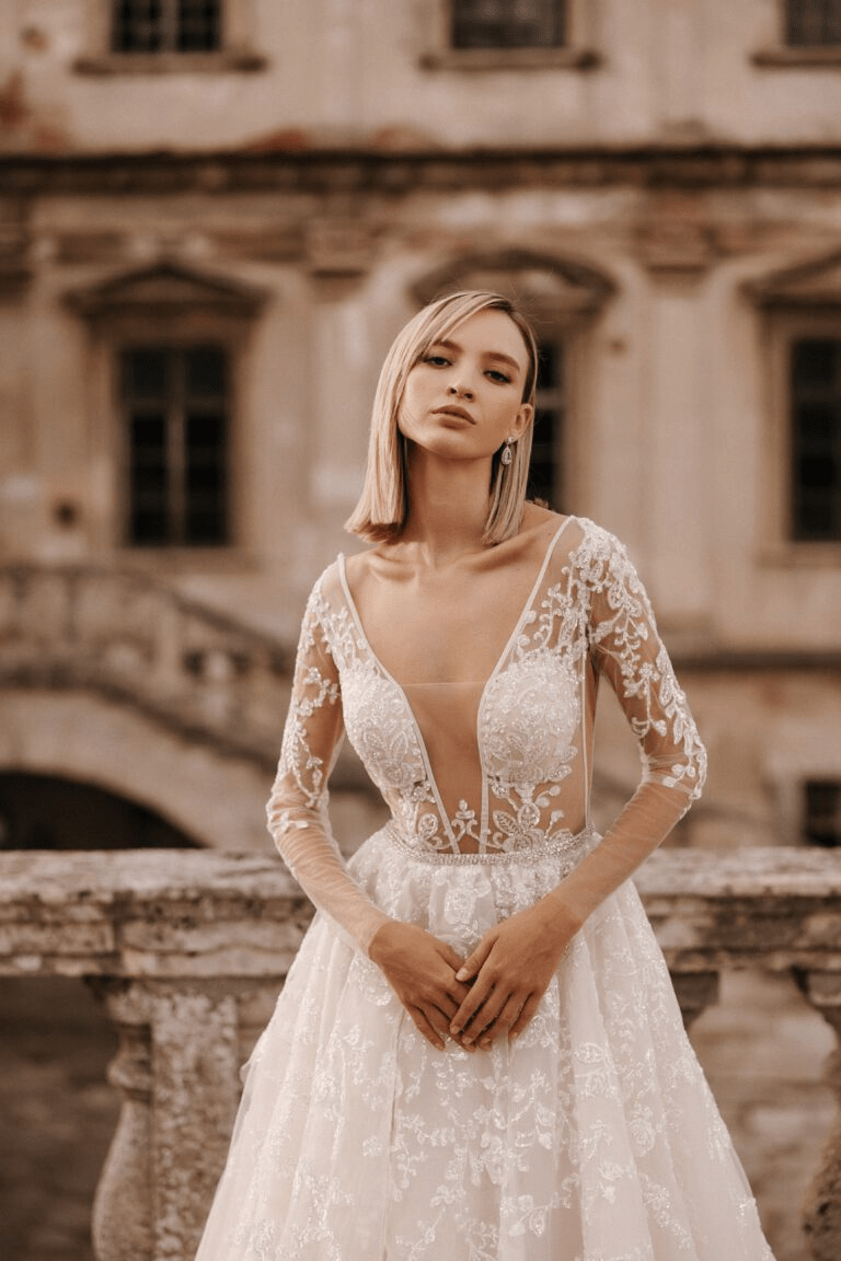 Ivory Tulle A-Line Wedding Dress - Open Back Floral Lace Wedding Dress - Long Sleeve Wedding Gown Plus Size - Monaco Size 12 Ivory Tulle A-Line Wedding Dress - Open Back Floral Lace Wedding Dress - Long Sleeve Wedding Gown Plus Size - Monaco Size 12