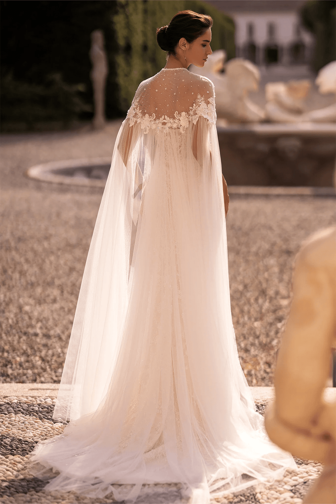 Ivory Tulle Mermaid Wedding Dress with Floral Lace Cape – Sparkly Mermaid Wedding Gown with Fitted Bodice Plus Size - WonderlandByLilian