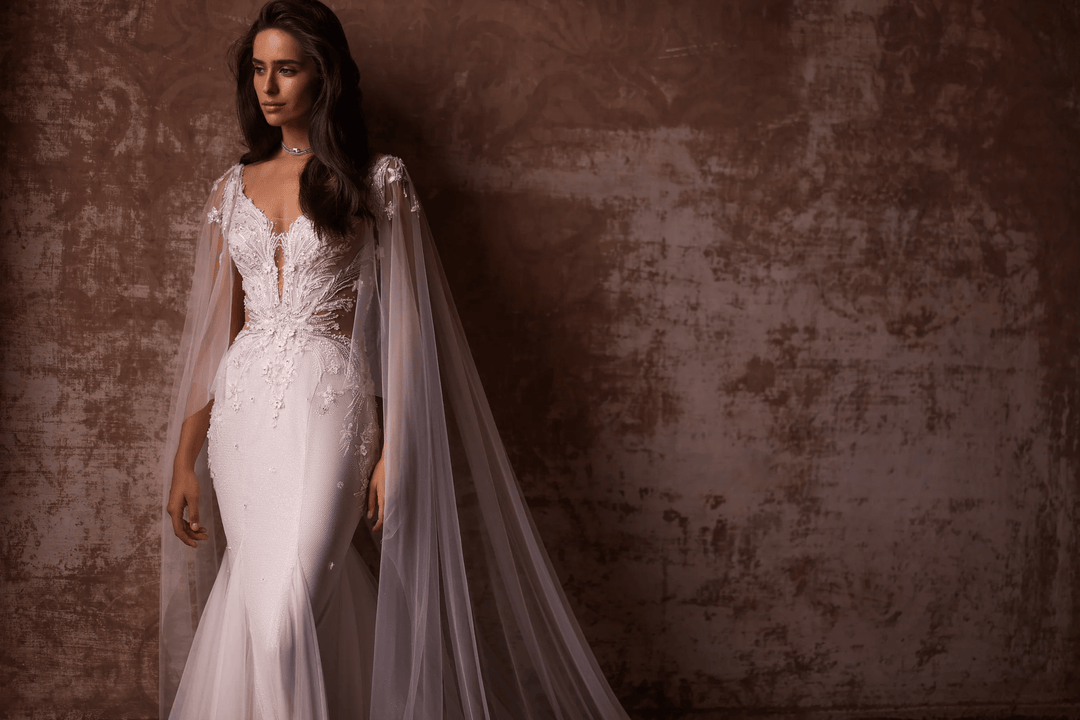 Ivory Tulle Mermaid Wedding Dress with Lace and Sheer Train – V - Neck Wedding Gown with Floral Lace Bodice and Sheer Veil Plus Size - WonderlandByLilian
