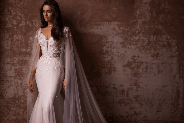Ivory Tulle Mermaid Wedding Dress with Lace and Sheer Train – V - Neck Wedding Gown with Floral Lace Bodice and Sheer Veil Plus Size - WonderlandByLilian