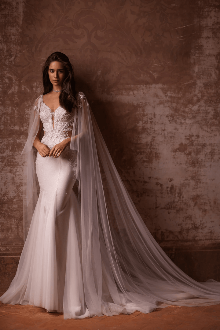 Ivory Tulle Mermaid Wedding Dress with Lace and Sheer Train – V - Neck Wedding Gown with Floral Lace Bodice and Sheer Veil Plus Size - WonderlandByLilian