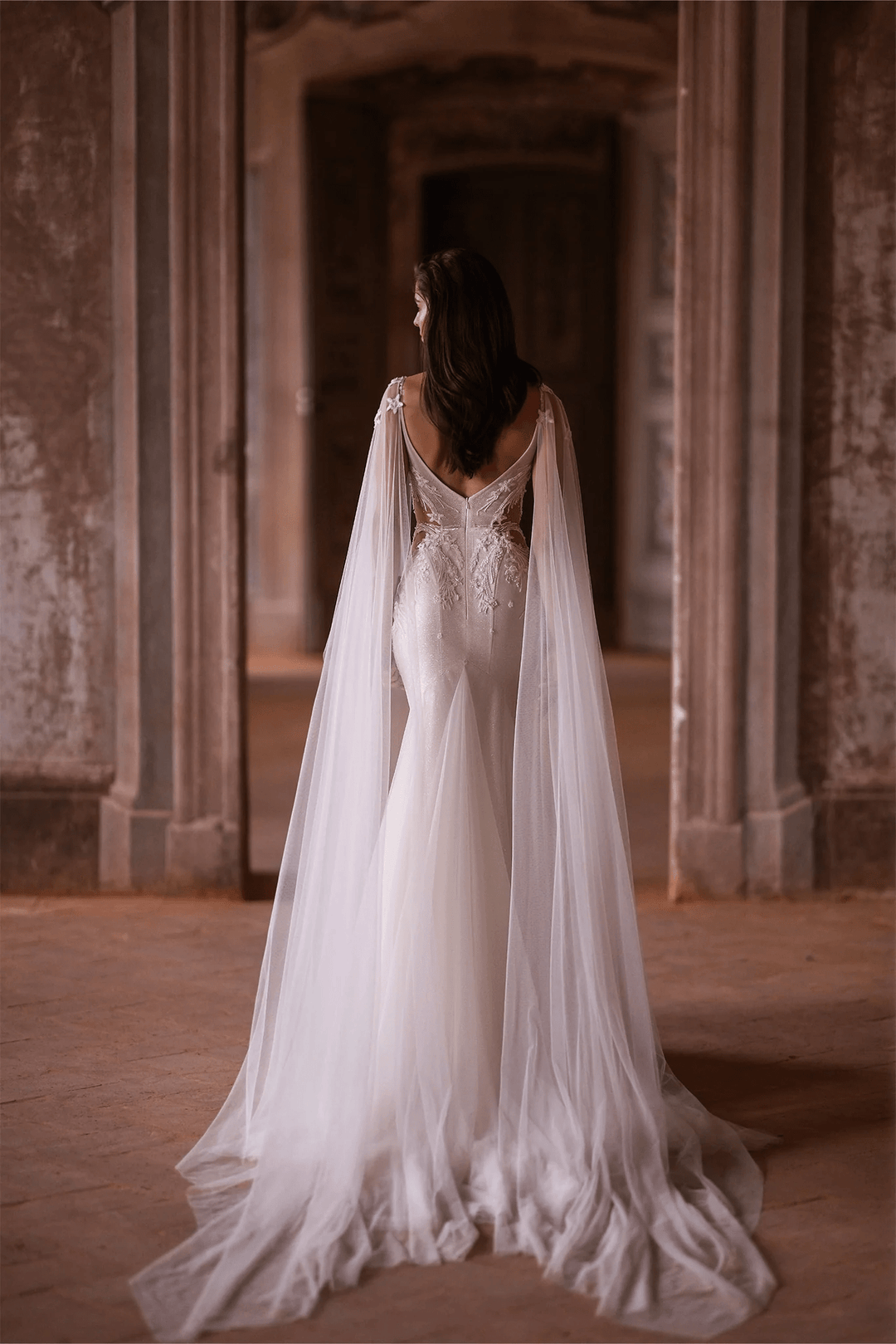 Ivory Tulle Mermaid Wedding Dress with Lace and Sheer Train – V - Neck Wedding Gown with Floral Lace Bodice and Sheer Veil Plus Size - WonderlandByLilian