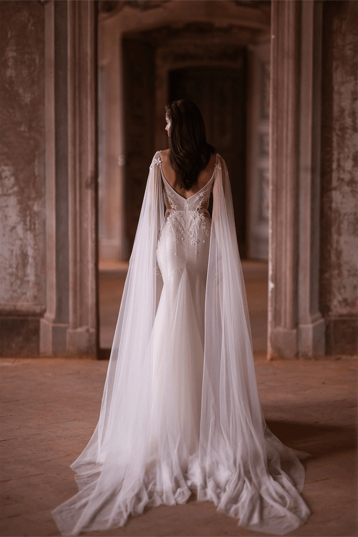 Ivory Tulle Mermaid Wedding Dress with Lace and Sheer Train – V - Neck Wedding Gown with Floral Lace Bodice and Sheer Veil Plus Size - WonderlandByLilian