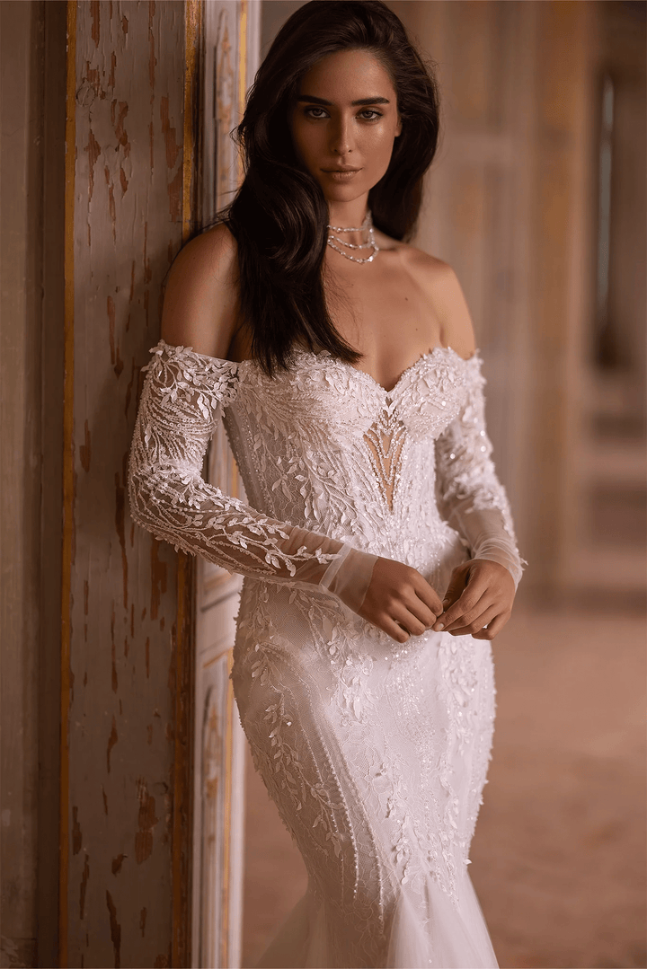 Ivory Tulle Mermaid Wedding Dress with Lace Detailing – Elegant Off Shoulder Wedding Gown with Lace Embellishments Plus Size - WonderlandByLilian