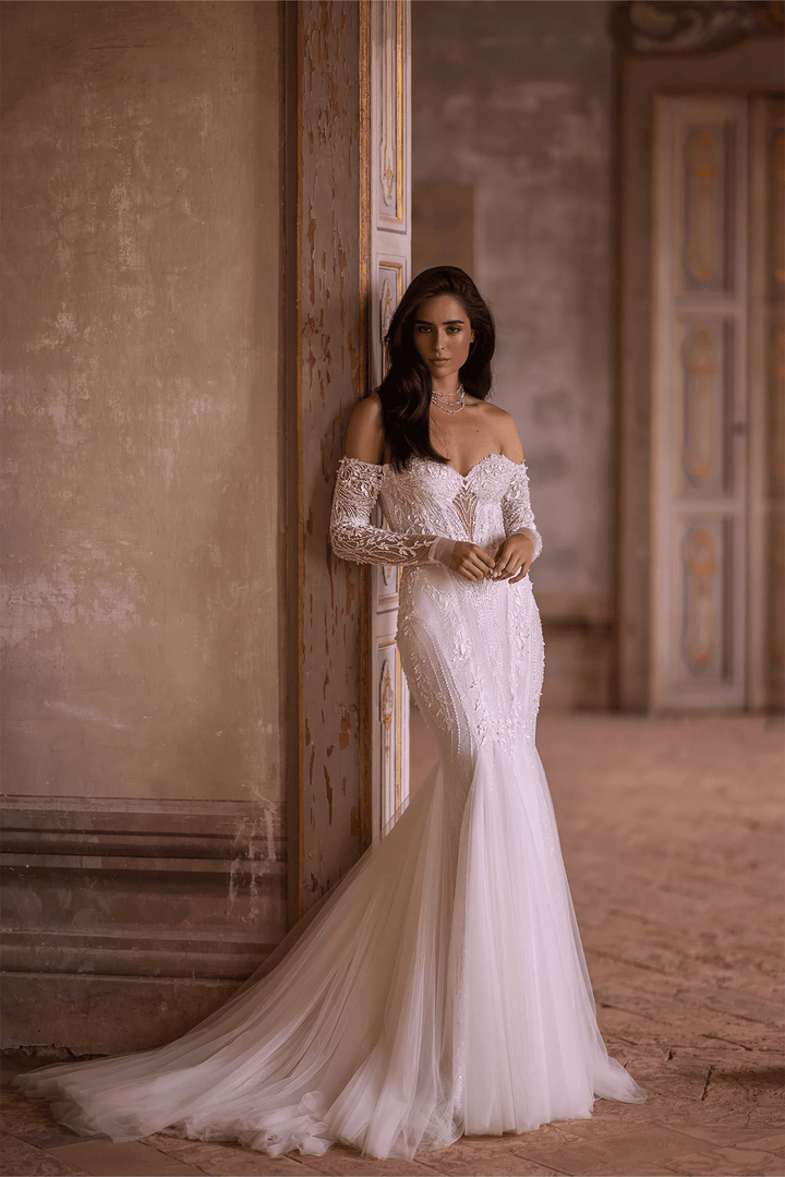 Ivory Tulle Mermaid Wedding Dress with Lace Detailing – Elegant Off Shoulder Wedding Gown with Lace Embellishments Plus Size - WonderlandByLilian