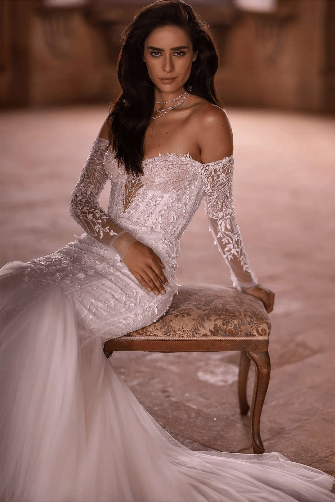 Ivory Tulle Mermaid Wedding Dress with Lace Detailing – Elegant Off Shoulder Wedding Gown with Lace Embellishments Plus Size - WonderlandByLilian