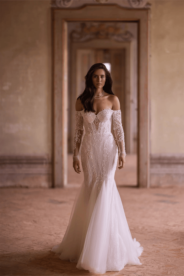 Ivory Tulle Mermaid Wedding Dress with Lace Detailing – Elegant Off Shoulder Wedding Gown with Lace Embellishments Plus Size - WonderlandByLilian