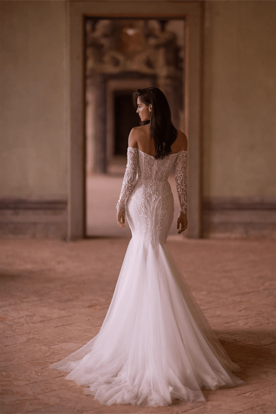 Ivory Tulle Mermaid Wedding Dress with Lace Detailing – Elegant Off Shoulder Wedding Gown with Lace Embellishments Plus Size - WonderlandByLilian