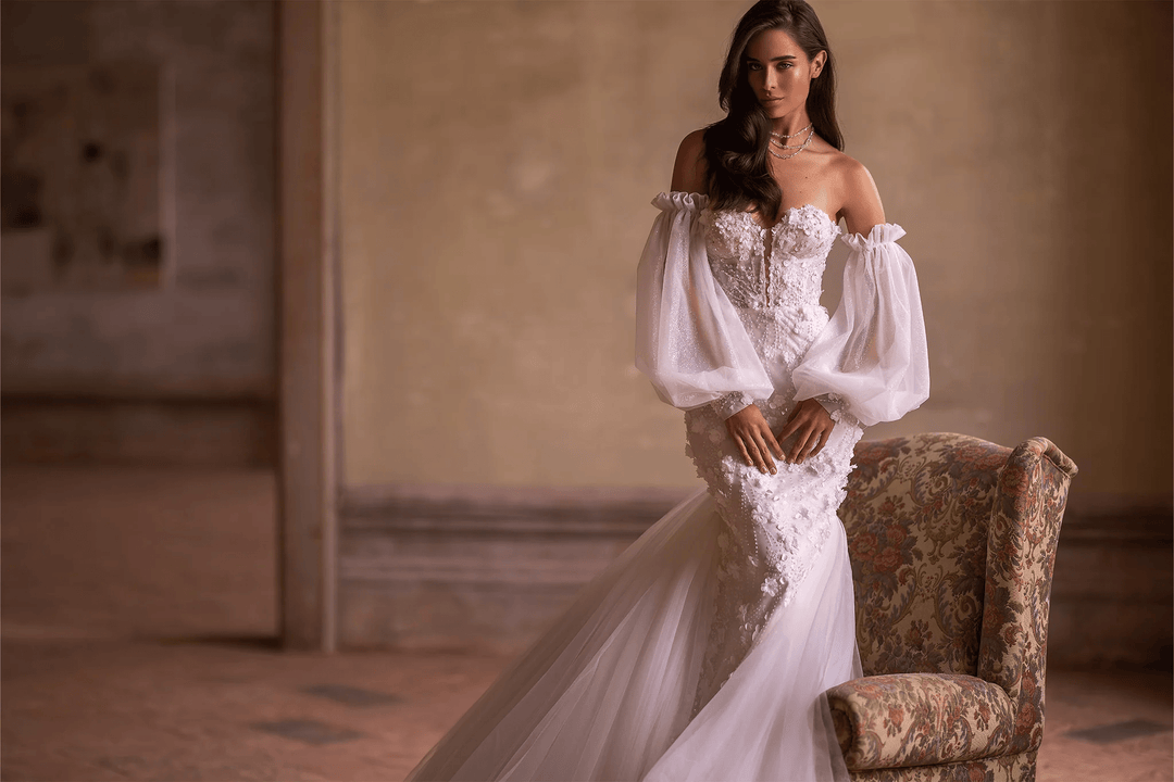 Ivory Tulle Mermaid Wedding Dress with Sheer Flower Patches and Convertible Puff Sleeves – Strapless Wedding Gown with Sheer Train Plus Size - WonderlandByLilian