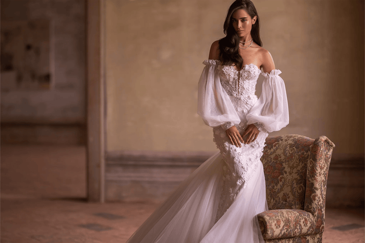 Ivory Tulle Mermaid Wedding Dress with Sheer Flower Patches and Convertible Puff Sleeves – Strapless Wedding Gown with Sheer Train Plus Size - WonderlandByLilian
