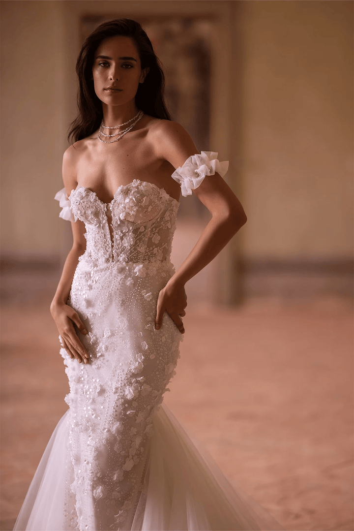 Ivory Tulle Mermaid Wedding Dress with Sheer Flower Patches and Convertible Puff Sleeves – Strapless Wedding Gown with Sheer Train Plus Size - WonderlandByLilian