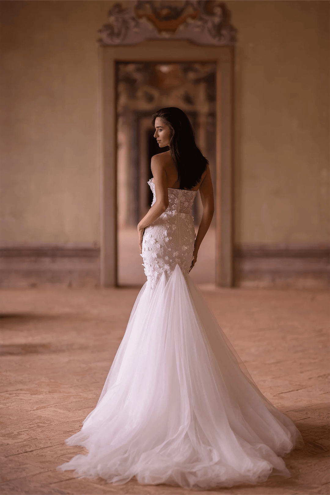 Ivory Tulle Mermaid Wedding Dress with Sheer Flower Patches and Convertible Puff Sleeves – Strapless Wedding Gown with Sheer Train Plus Size - WonderlandByLilian