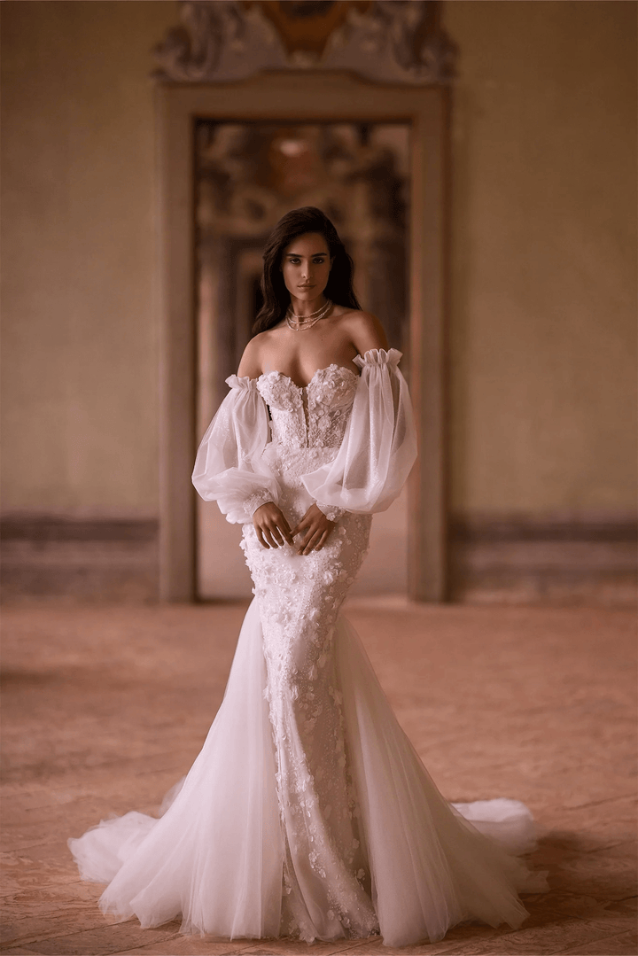 Ivory Tulle Mermaid Wedding Dress with Sheer Flower Patches and Convertible Puff Sleeves – Strapless Wedding Gown with Sheer Train Plus Size - WonderlandByLilian