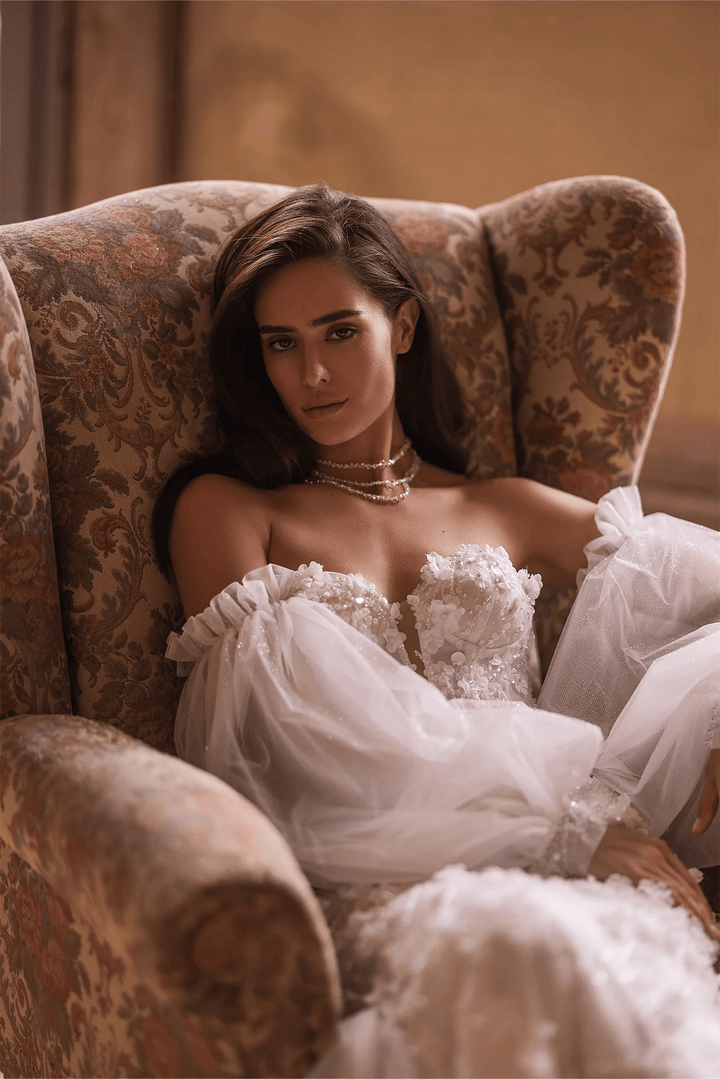 Ivory Tulle Mermaid Wedding Dress with Sheer Flower Patches and Convertible Puff Sleeves – Strapless Wedding Gown with Sheer Train Plus Size - WonderlandByLilian