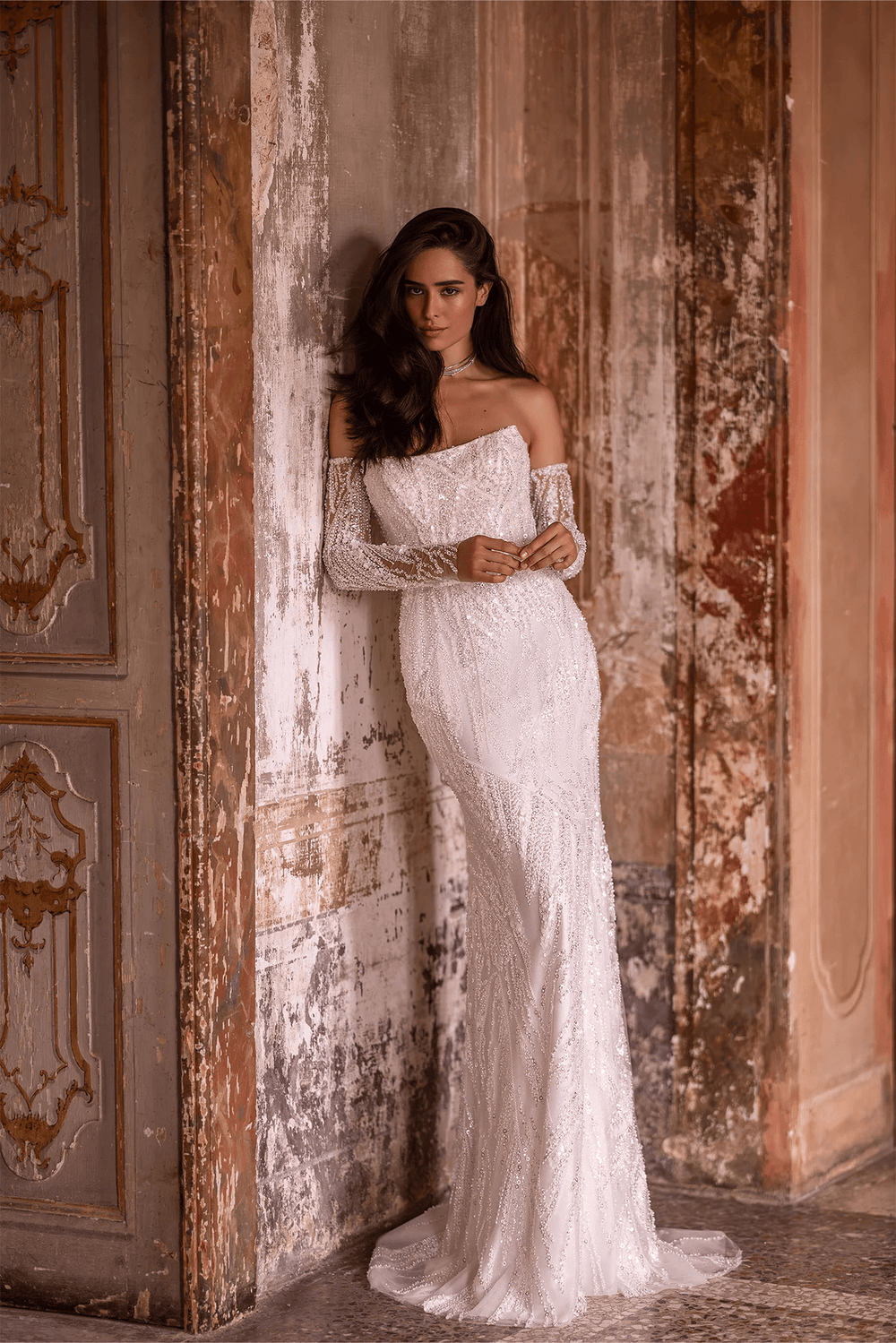 Ivory Tulle Mermaid Wedding Dress with Sparkling Embellishments – Off - Shoulder Wedding Gown with Sheer Train and Detachable Sleeves Plus Size - WonderlandByLilian