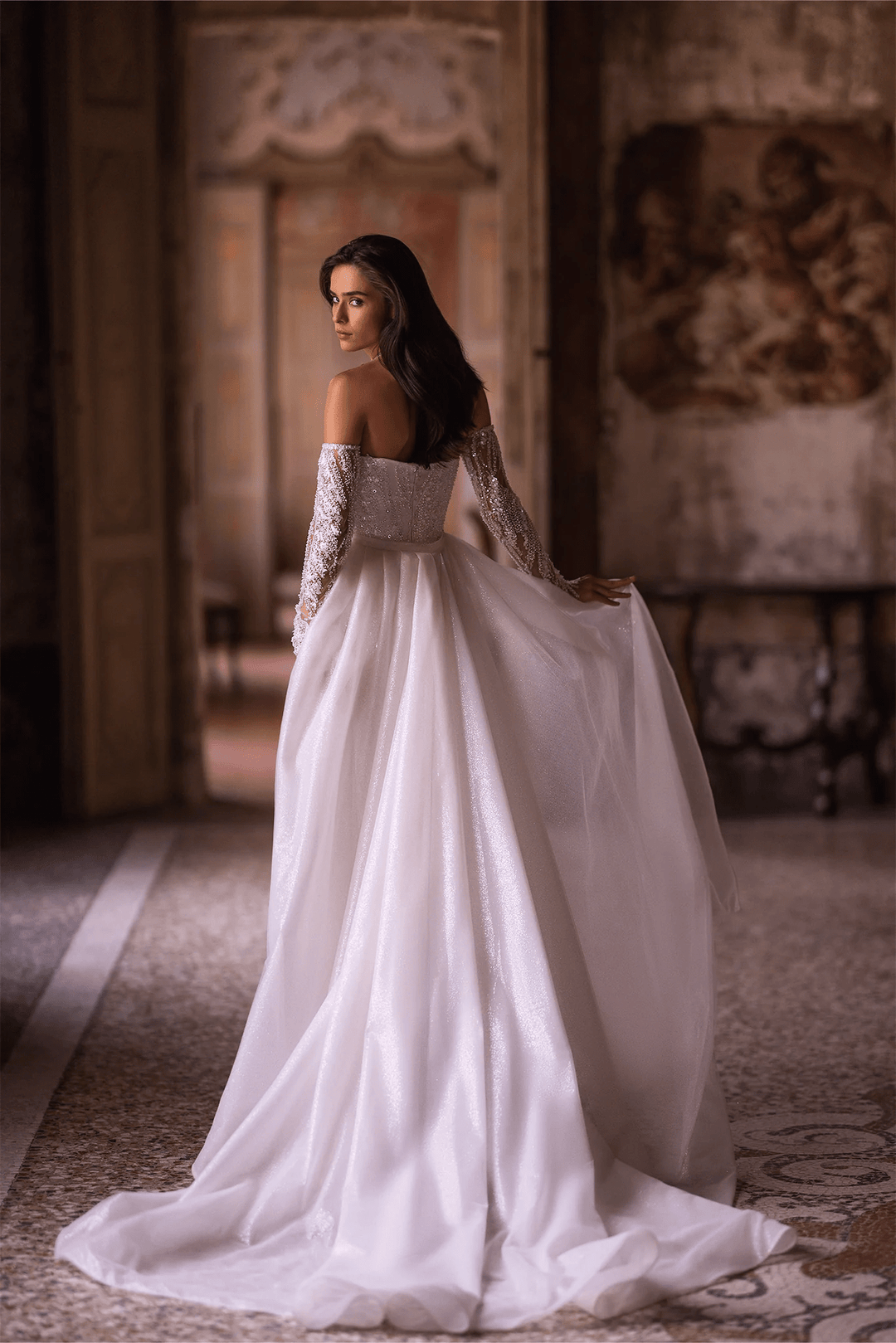 Ivory Tulle Mermaid Wedding Dress with Sparkling Embellishments – Off - Shoulder Wedding Gown with Sheer Train and Detachable Sleeves Plus Size - WonderlandByLilian