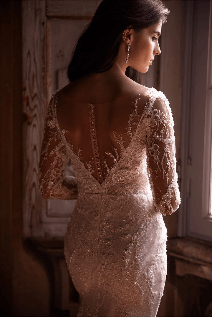 Ivory Tulle Mermaid Wedding Dress with V - Neck and Long Sleeves – Embellished Wedding Gown with Jeweled Details and Train Plus Size - WonderlandByLilian