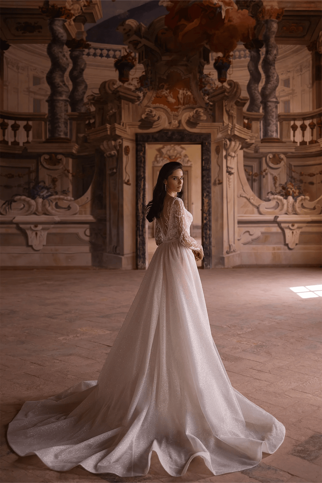 Ivory Tulle Mermaid Wedding Dress with V - Neck and Long Sleeves – Embellished Wedding Gown with Jeweled Details and Train Plus Size - WonderlandByLilian