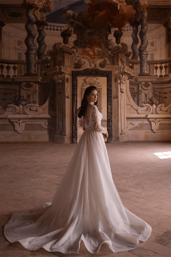 Ivory Tulle Mermaid Wedding Dress with V - Neck and Long Sleeves – Embellished Wedding Gown with Jeweled Details and Train Plus Size - WonderlandByLilian
