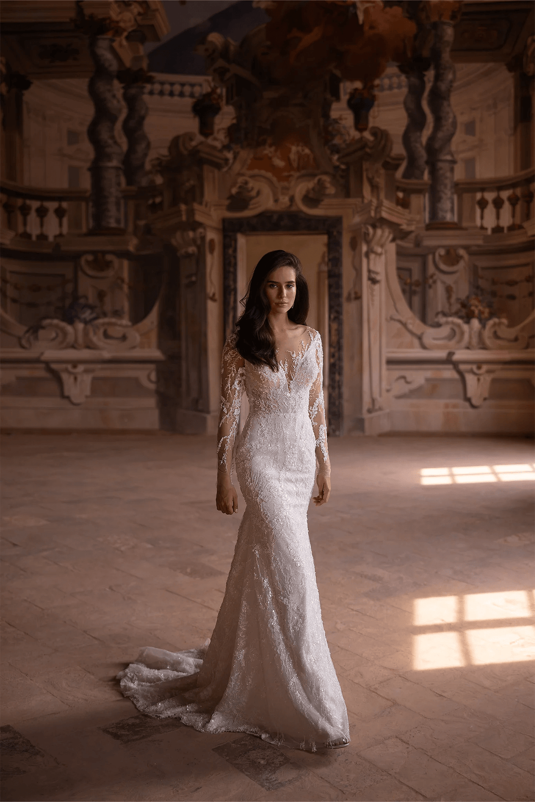 Ivory Tulle Mermaid Wedding Dress with V - Neck and Long Sleeves – Embellished Wedding Gown with Jeweled Details and Train Plus Size - WonderlandByLilian