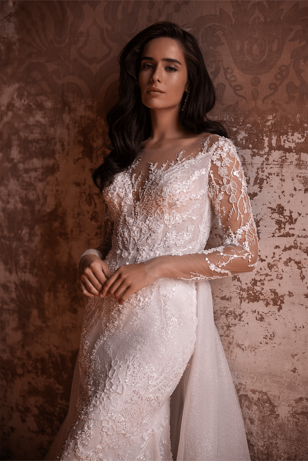 Ivory Tulle Mermaid Wedding Dress with V - Neck and Long Sleeves – Embellished Wedding Gown with Jeweled Details and Train Plus Size - WonderlandByLilian