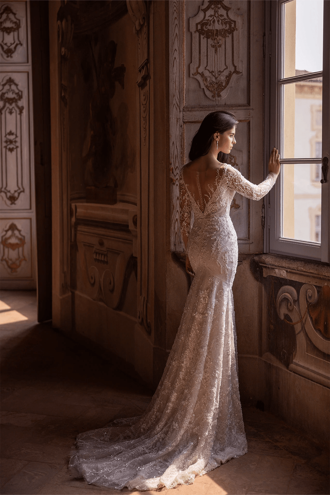 Ivory Tulle Mermaid Wedding Dress with V - Neck and Long Sleeves – Embellished Wedding Gown with Jeweled Details and Train Plus Size - WonderlandByLilian