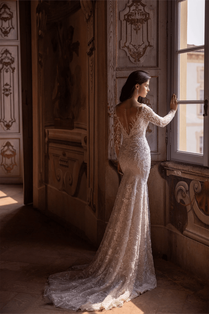 Ivory Tulle Mermaid Wedding Dress with V - Neck and Long Sleeves – Embellished Wedding Gown with Jeweled Details and Train Plus Size - WonderlandByLilian
