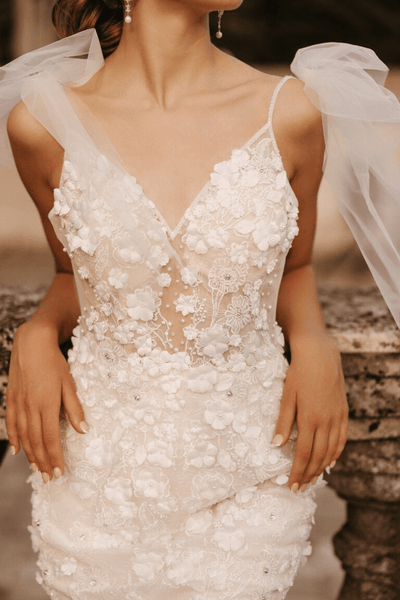 Ivory Tulle Mermaid Wedding Gown - Open Back Mermaid Wedding Dress - Floral Lace Wedding Dress Plus Size - MIRANDA - WonderlandByLilian