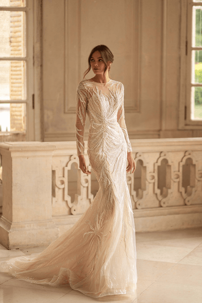 Ivory Tulle Mermaid Wedding Gown - Pretty Sequin Dress with Handmade Beaded - Modern Long Sleeve Wedding Dress Plus Size - WonderlandByLilian