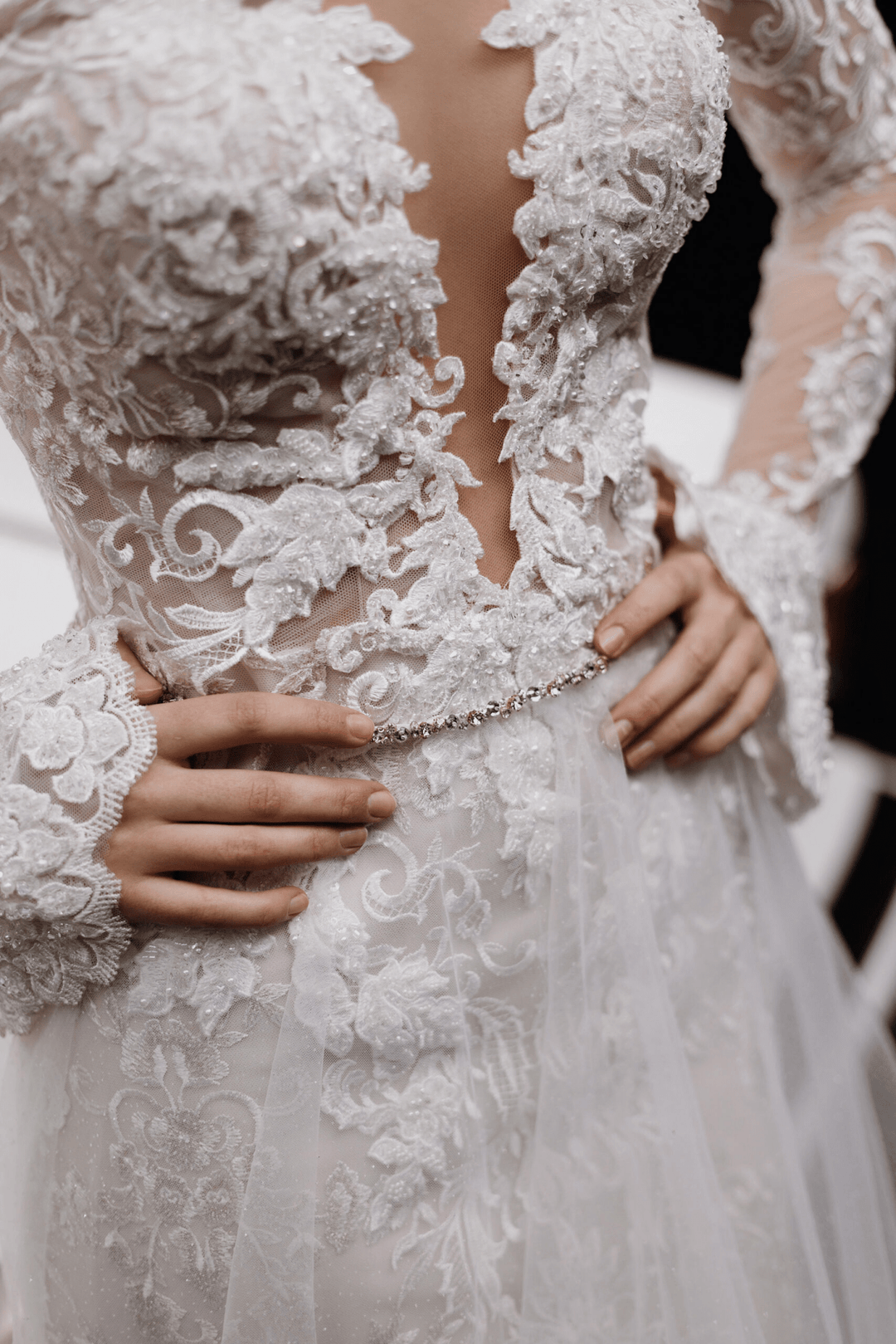 Ivory Tulle Mermaid Wedding Gown with Deep V - Neck and Long Sleeves Plus Size - Plus Size - ANNABELLE - WonderlandByLilian