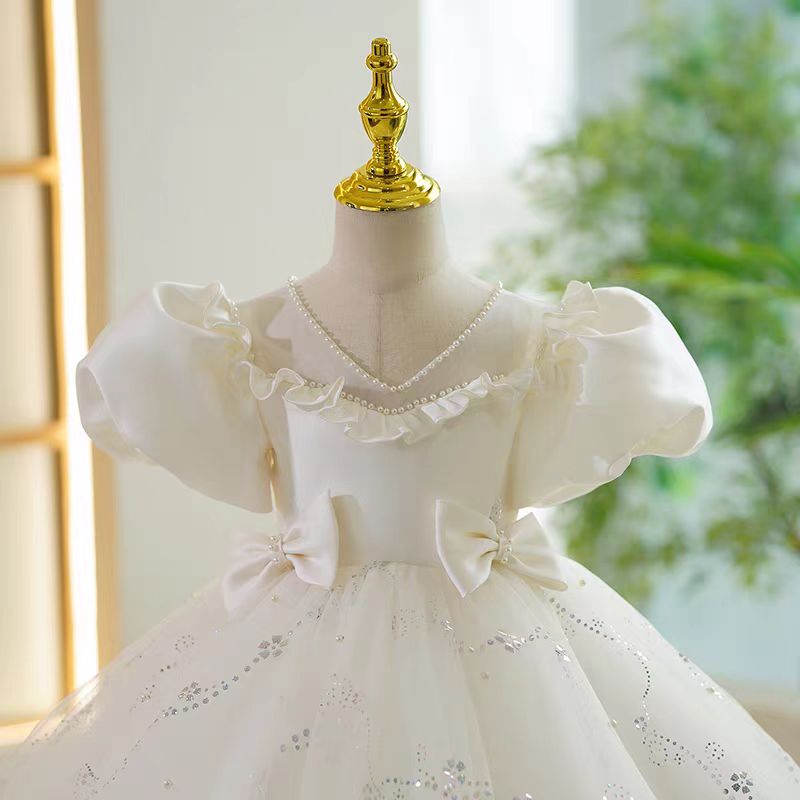 Ivory Tulle Off - Shoulder Flower Girl Dress for Wedding – Puff Sleeve Plus Size - WonderlandByLilian