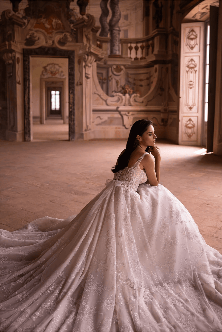 Ivory Tulle Wedding Dress with Sleeveless and Embellishments – Sparkly Ball Gown Wedding Dress with Trailing Train Plus Size - WonderlandByLilian